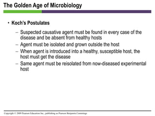The Golden Age of Microbiology Koch’s Postulates Suspected causative agent must be found in every case of the disease and be absent from healthy hosts Agent must be isolated and grown outside the host When agent is introduced into a healthy, susceptible host, the host must get the disease Same agent must be reisolated from now-diseased experimental host 