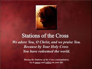 Stations of the Cross We adore You, O Christ, and we praise You. Because by Your Holy Cross  You have redeemed the world. During the Stations of the Cross contemplation, try to pause and reflect on your life. 