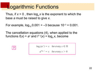 Logarithmic Functions Thus, if  x  > 0 , then log a  x  is the exponent to which the base  a  must be raised to give  x . For example, log 10  0.001 = –3 because 10 –3  = 0.001. The cancellation equations (4), when applied to the functions  f   ( x ) =  a x  and  f   –1 ( x ) = log a  x , become 