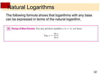Natural Logarithms The following formula shows that logarithms with any base can be expressed in terms of the natural logarithm. 
