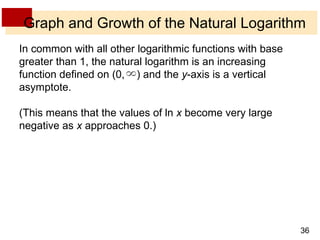 Graph and Growth of the Natural Logarithm In common with all other logarithmic functions with base greater than 1, the natural logarithm is an increasing function defined on (0,  ) and the  y -axis is a vertical asymptote. (This means that the values of ln  x  become very large negative as  x  approaches 0.) 