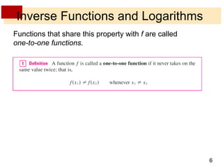 Inverse Functions and Logarithms Functions that share this property with  f  are called  one-to-one functions. 