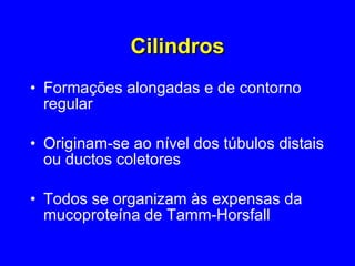 Cilindros Formações alongadas e de contorno regular Originam-se ao nível dos túbulos distais ou ductos coletores Todos se organizam às expensas da mucoproteína de Tamm-Horsfall 