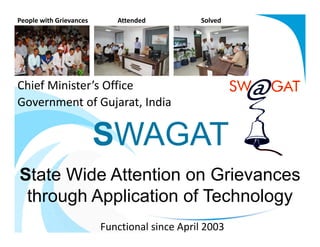 People with Grievances      Attended          Solved




Chief Minister’s Office
                   j    ,
Government of Gujarat, India


                         SWAGAT
State Wide Attention
St t Wid Att ti on Grievances
                         Gi
 through Application of Technology
                         Functional since April 2003
 