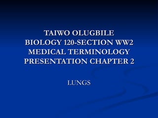 TAIWO OLUGBILE BIOLOGY 120-SECTION WW2 MEDICAL TERMINOLOGY PRESENTATION CHAPTER 2 LUNGS 