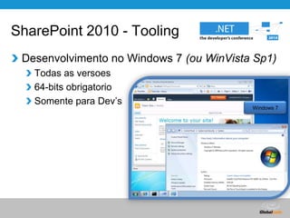 SharePoint 2010 - ToolingDesenvolvimento no Windows 7 (ou WinVista Sp1)Todas as versoes64-bits obrigatorioSomente para Dev’sWindows 7