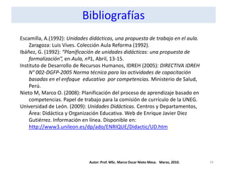 Bibliografías
Escamilla, A.(1992): Unidades didácticas, una propuesta de trabajo en el aula.
    Zaragoza: Luis Vives. Colección Aula Reforma (1992).
Ibáñez, G. (1992): “Planificación de unidades didácticas: una propuesta de
    formalización”, en Aula, nº1, Abril, 13-15.
Instituto de Desarrollo de Recursos Humanos, IDREH (2005): DIRECTIVA IDREH
    N° 002-DGFP-2005 Norma técnica para las actividades de capacitación
    basadas en el enfoque educativo por competencias. Ministerio de Salud,
    Perú.
Nieto M, Marco O. (2008): Planificación del proceso de aprendizaje basado en
    competencias. Papel de trabajo para la comisión de currículo de la UNEG.
Universidad de León. (2009): Unidades Didácticas. Centros y Departamentos,
    Área: Didáctica y Organización Educativa. Web de Enrique Javier Diez
    Gutiérrez. Información en línea. Disponible en:
    http://www3.unileon.es/dp/ado/ENRIQUE/Didactic/UD.htm




                              Autor: Prof. MSc. Marco Oscar Nieto Mesa. Marzo, 2010.   19
 