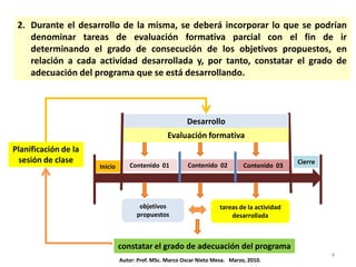 2. Durante el desarrollo de la misma, se deberá incorporar lo que se podrían
    denominar tareas de evaluación formativa parcial con el fin de ir
    determinando el grado de consecución de los objetivos propuestos, en
    relación a cada actividad desarrollada y, por tanto, constatar el grado de
    adecuación del programa que se está desarrollando.



                                                        Desarrollo
                                                 Evaluación formativa
Planificación de la
 sesión de clase                                                                              Cierre
                      Inicio      Contenido 01           Contenido 02         Contenido 03




                                      objetivos                      tareas de la actividad
                                     propuestos                          desarrollada



                               constatar el grado de adecuación del programa
                                                                                                       4
                               Autor: Prof. MSc. Marco Oscar Nieto Mesa. Marzo, 2010.
 