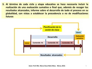 3. Al término de cada ciclo y etapa educativa se hace necesario incluir la
   realización de una evaluación sumativa o final que, además de recoger los
   resultados alcanzados, informe sobre el desarrollo de todo el proceso en su
   globalidad, con vistas a establecer la procedencia o no de modificaciones
   futuras



                                              Planificación de la
                                               sesión de clase
                                                                                         Cierre

                                                                                         Evaluación
                                                    Desarrollo                            sumativa

                    Inicio    Contenido 01           Contenido 02         Contenido 03




                                          Resultados alcanzados



                         Autor: Prof. MSc. Marco Oscar Nieto Mesa. Marzo, 2010.                       5
 