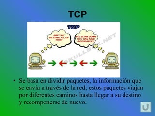 TCP Se basa en dividir paquetes, la información que se envía a través de la red; estos paquetes viajan por diferentes caminos hasta llegar a su destino y recomponerse de nuevo. 