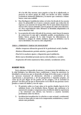 EL FENÓMENO DEL ENVEJECIMIENTO




         50 a los 60). Hay mermas, otros papeles se han de ir adjudicando, se
         proyecta un nuevo grupo de edad, con declive de bríos, variables
         económicas, inminente jubilación y la muerte que comienza a vislum-
         brarse como una realidad.
    4.- Para Havihgurst, la jubilación induce al retiro (la década de los sesenta
        años). Es primordial en el nuevo contexto asumir una reducción de
        ingresos y un aumento de tiempo libre. Por lo tanto deben fomentarse
        nuevos roles, nuevas amistades, nuevos grupos de edad, otras aficiones,
        etc. Pero especialmente debe afirmarse la identidad, adaptándola a la
        nueva situación vital.
    5.- La aceptación del retiro (década de los setenta y más): buscar la manera
        de conservarse lo más ágil y saludable posible, acomodándose a los
        límites físicos propios de la edad. Aceptar los fallecimientos de
        familiares y amigos de edades similares. Seguir en definitiva con la
        nueva identidad y los nuevos roles adquiridos.

TABLA 1. PERIODOS Y TAREAS DE HAVIGHURST
    -Adultez temprana: afirmación general de lo profesional, social y familiar.
    -Madurez:Afianzamiento periodo anterior y generatividad.
    -Final de la madurez: ajustes y disposición para la jubilación.
    -Retiro: nueva identidad personal, nuevos roles familiares y sociales.
    -Aceptación del retiro: mantenerse física, mental y socialmente activo.



ROBERT PECK
     Peck, relaciona el desarrollo al entorno y circunstancias del individuo, no a
la edad biológica. Las diferentes fases condicionan y basan las anteriores. La
identidad es un proceso que se desarrolla a lo largo de la vida ya que se trata de
un “proceso constante de distinción, elección y asimilación de las
experiencias y percepciones, y de las perspectivas e impulsos propios, así
como de los que llegan de los padres, de los amigos y de la sociedad en
general”. Las fases por las que se desenvuelve en la vida de una persona corres-
ponden a cuatro de adultez y tres de vejez.
    1.- El auténtico sabio es el que atina en la opción elegida. Aprecio de la
        sabiduría frente a las facultades físicas. Siempre que sustituyan a la
        ausencia de energía y compensen ésta y la falta de salud, la experiencia
        y las relaciones son talento. Los factores y asuntos mentales
        predominan sobre los físicos.
    2.- Socialización/sexualización: La relación es más racional y sentimental,
        el sexo se basa cada vez más en la comprensión, sentimientos y conoci-
        miento más profundo.


                                         55
 