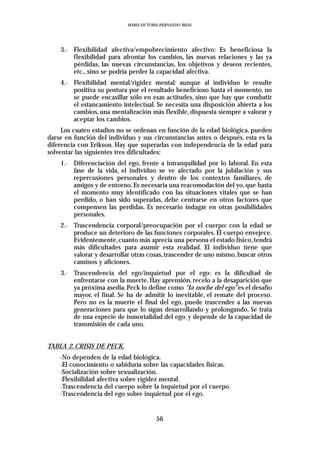 MARIA VICTORIA HERNANDO IBEAS




    3.- Flexibilidad afectiva/empobrecimiento afectivo: Es beneficiosa la
        flexibilidad para afrontar los cambios, las nuevas relaciones y las ya
        pérdidas, las nuevas circunstancias, los objetivos y deseos recientes,
        etc., sino se podría perder la capacidad afectiva.
    4.- Flexibilidad mental/rigidez mental: aunque al individuo le resulte
        positiva su postura por el resultado beneficioso hasta el momento, no
        se puede encasillar sólo en esas actitudes, sino que hay que combatir
        el estancamiento intelectual. Se necesita una disposición abierta a los
        cambios, una mentalización más flexible, dispuesta siempre a valorar y
        aceptar los cambios.
     Los cuatro estadios no se ordenan en función de la edad biológica, pueden
darse en función del individuo y sus circunstancias antes o después, esta es la
diferencia con Erikson. Hay que superarlas con independencia de la edad para
solventar las siguientes tres dificultades:
    1.- Diferenciación del ego, frente a intranquilidad por lo laboral. En esta
        fase de la vida, el individuo se ve afectado por la jubilación y sus
        repercusiones personales y dentro de los contextos familiares, de
        amigos y de entorno. Es necesaria una reacomodación del yo, que hasta
        el momento muy identificado con las situaciones vitales que se han
        perdido, o han sido superadas, debe centrarse en otros factores que
        compensen las perdidas. Es necesario indagar en otras posibilidades
        personales.
    2.- Trascendencia corporal/preocupación por el cuerpo: con la edad se
        produce un deterioro de las funciones corporales. El cuerpo envejece.
        Evidentemente, cuanto más aprecia una persona el estado físico, tendrá
        más dificultades para asumir esta realidad. El individuo tiene que
        valorar y desarrollar otras cosas, trascender de uno mismo, buscar otros
        caminos y aficiones.
    3.- Trascendencia del ego/inquietud por el ego: es la dificultad de
        enfrentarse con la muerte. Hay aprensión, recelo a la desaparición que
        ya próxima asedia. Peck lo define como “la noche del ego” es el desafío
        mayor, el final. Se ha de admitir lo inevitable, el remate del proceso.
        Pero no es la muerte el final del ego, puede trascender a las nuevas
        generaciones para que lo sigan desarrollando y prolongando. Se trata
        de una especie de inmortalidad del ego, y depende de la capacidad de
        transmisión de cada uno.


TABLA 2. CRISIS DE PECK.
    -No dependen de la edad biológica.
    -El conocimiento o sabiduría sobre las capacidades físicas.
    -Socialización sobre sexualización.
    -Flexibilidad afectiva sobre rigidez mental.
    -Trascendencia del cuerpo sobre la inquietud por el cuerpo.
    -Trascendencia del ego sobre inquietud por el ego.


                                        56
 