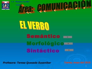 I. E  “Ramón Castilla” UGEL 04 Profesora: Teresa Quesada Susanibar Comas, mayo del 2010 Área:  COMUNICACIÓN Sintáctico Semántico Morfológico EL VERBO 
