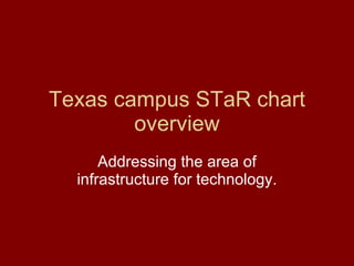 Texas campus STaR chart overview Addressing the area of infrastructure for technology. 