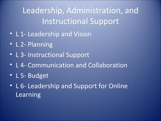 Leadership, Administration, and Instructional Support <ul><li>L 1- Leadership and Vision </li></ul><ul><li>L 2- Planning <...