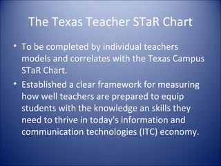 The Texas Teacher STaR Chart <ul><li>To be completed by individual teachers models and correlates with the Texas Campus ST...