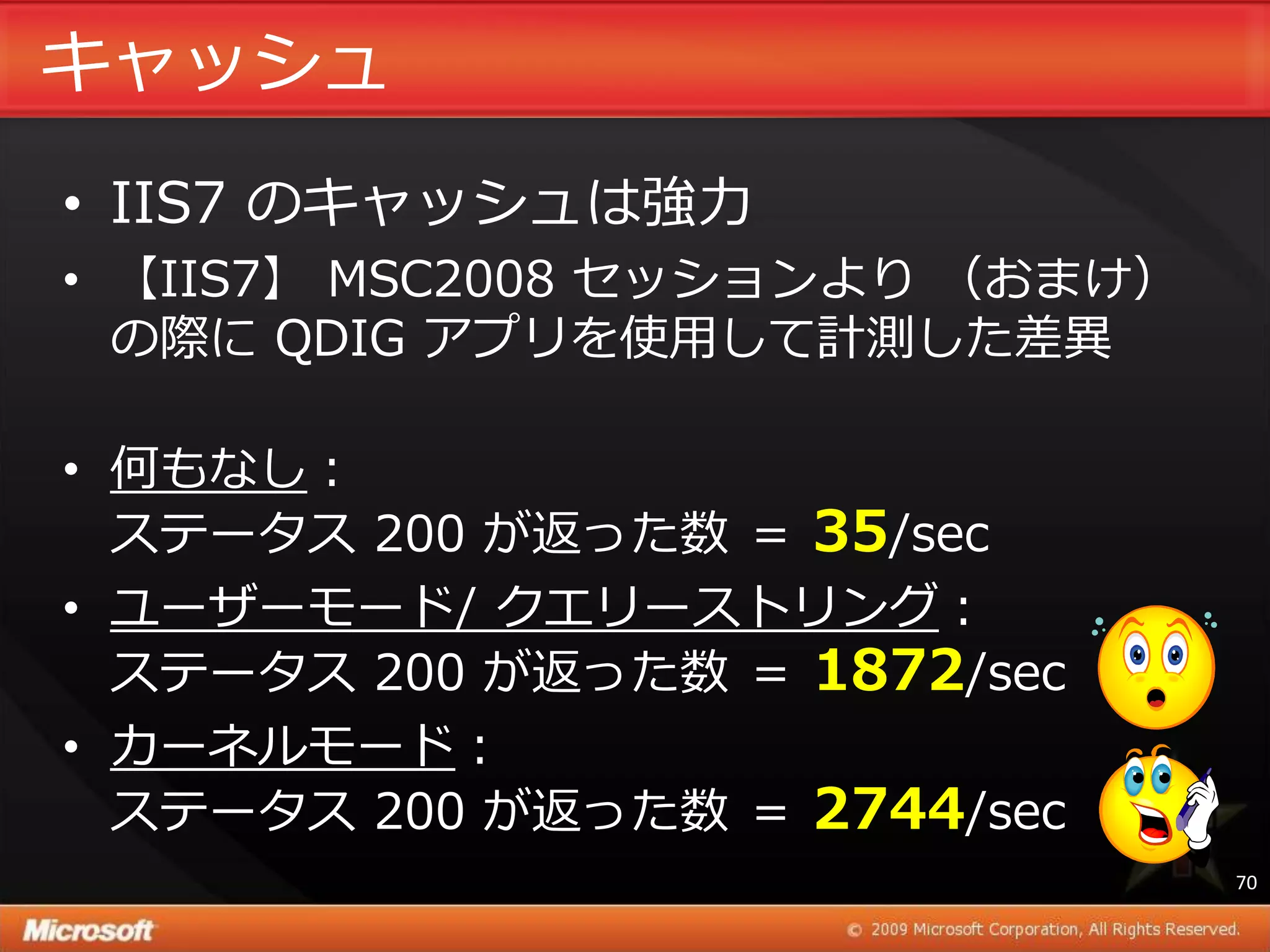 キャッシュ
• IIS7 のキャッシュは強力
• 【IIS7】 MSC2008 セッションより （おまけ）
  の際に QDIG ゕプリを使用して計測した差異

• 何もなし：
  ステータス 200 が返った数 ＝ 35/sec
• ユーザーモード/ クエリーストリング：
  ステータス 200 が返った数 ＝ 1872/sec
• カーネルモード：
  ステータス 200 が返った数 ＝ 2744/sec
                                 70
 