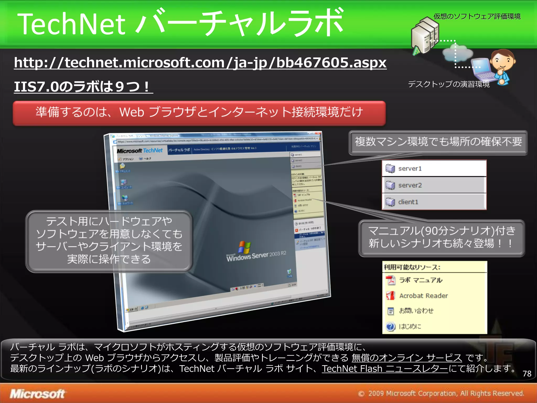 TechNet バーチャルラボ                                           仮想のソフトウェゕ評価環境




http://technet.microsoft.com/ja-jp/bb467605.aspx
IIS7.0のラボは９つ！                                         デスクトップの演習環境




バーチャル ラボは、マ゗クロソフトがホステゖングする仮想のソフトウェゕ評価環境に、
デスクトップ上の Web ブラウザからゕクセスし、製品評価やトレーニングができる 無償のオンラ゗ン サービス です。
最新のラ゗ンナップ(ラボのシナリオ)は、TechNet バーチャル ラボ サ゗ト、TechNet Flash ニュースレターにて紹介します。
                                                                          78
 
