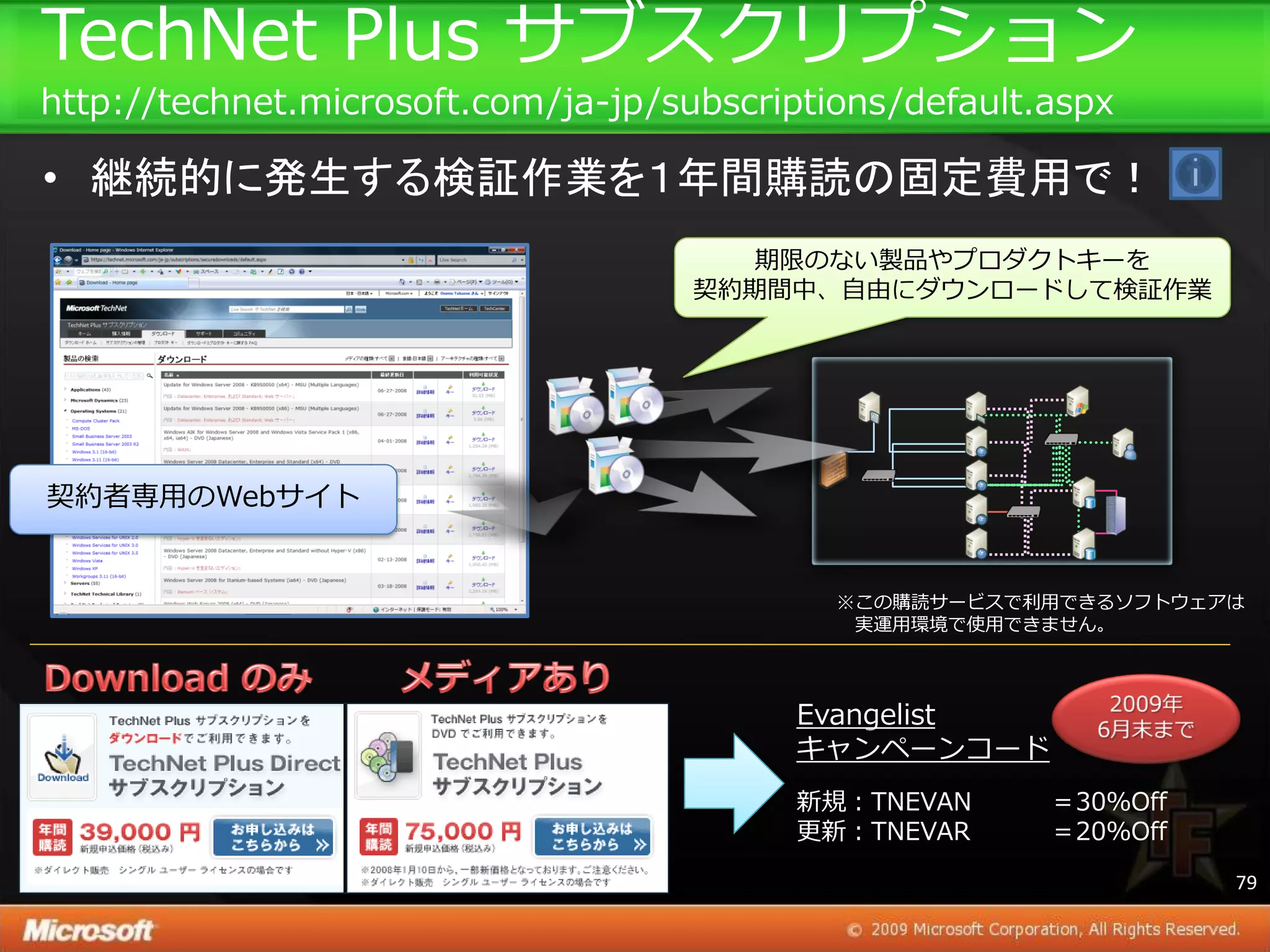 TechNet Plus サブスクリプション
http://technet.microsoft.com/ja-jp/subscriptions/default.aspx

• 継続的に発生する検証作業を１年間購読の固定費用で！
                                       期限のない製品やプロダクトキーを
                                     契約期間中、自由にダウンロードして検証作業




契約者専用のWebサ゗ト


                                             ※この購読サービスで利用できるソフトウェゕは
                                              実運用環境で使用できません。




                                          Evangelist
                                          キャンペーンコード
                                          新規：TNEVAN      ＝30％Off
                                          更新：TNEVAR      ＝20％Off
                                                                   79
 
