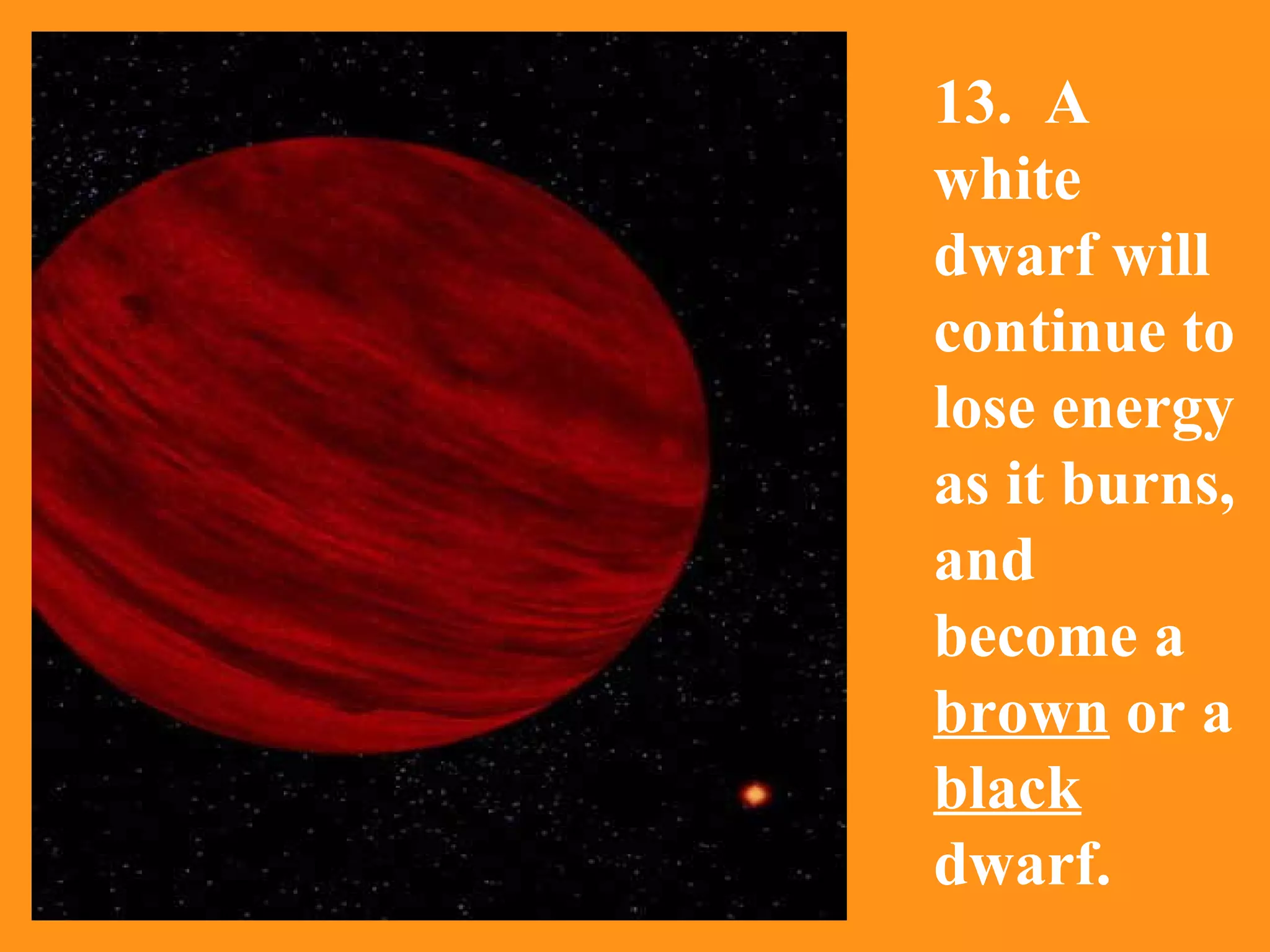 13.  A white dwarf will continue to lose energy as it burns, and become a  brown  or a  black  dwarf. Artist’s Depiction of a Brown Dwarf 