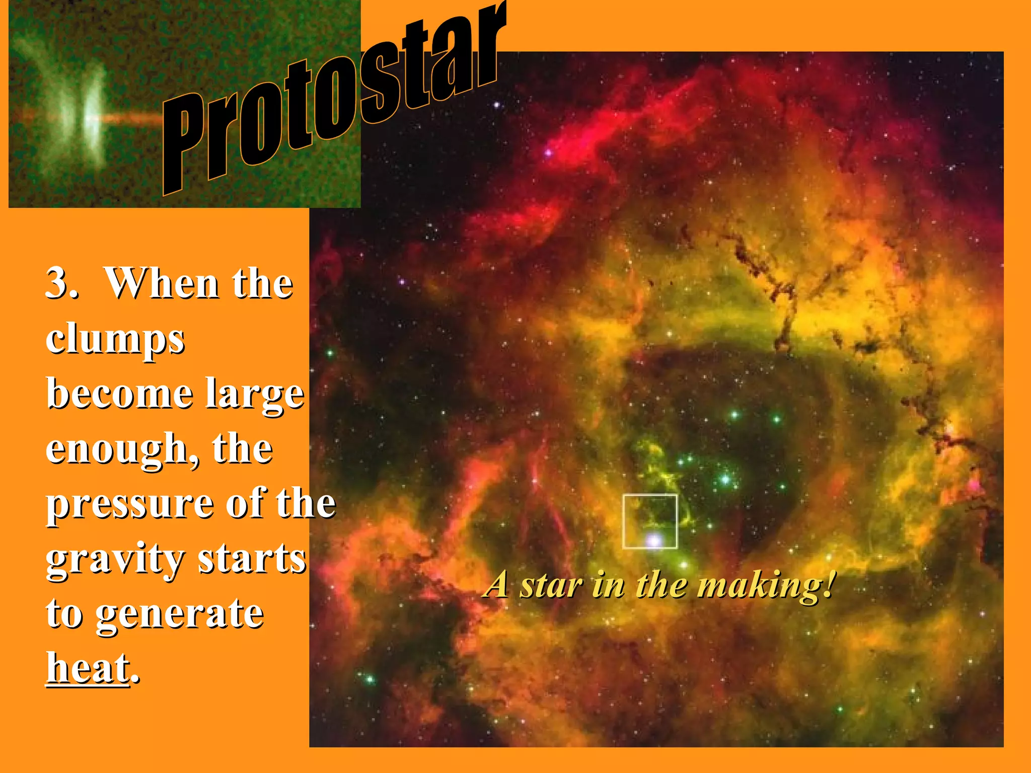 Protostar 3.  When the clumps become large enough, the pressure of the gravity starts to generate  heat . A star in the making! 