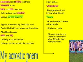Respectful and helpful to others Excellent at art Nice and kind to others Enter prising and creative Enjoys playing skipping Apples are one of my favourite fruits Pools filled with cool water cool me down Also likes to cook Neat and tidy Unlikely to cause trouble I always tell the truth to the teachers High light… *Adjectives *Metaphors=don’t know what this is  *Verbs *Adverbs=don’t know what this is *Similes= none My acrostic poem My goal next time is to learn and find out what Adverbs and Metaphors are. 