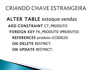 ALTER TABLE  estoque.vendas ADD CONSTRAINT  CT_PRODUTO FOREIGN KEY  FK_PRODUTO (PRODUTO) REFERENCES  produto (CODIGO) ON DELETE  RESTRICT ON UPDATE  RESTRICT; 