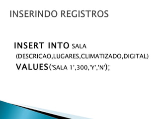 INSERT INTO  SALA (DESCRICAO,LUGARES,CLIMATIZADO,DIGITAL)  VALUES ( 'SALA 1',300,'Y','N' ); 