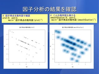 因子分析の結果を確認
# 因子得点を散布図で確認                   # こんな散布図も描ける
plot(X, pch=3,                  smoothScatter(X, pch=3,
     main=" 因子得点の散布図 (plot)")    main=" 因子得点の散布図 (smoothScatter)")
 