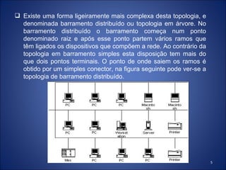  Existe uma forma ligeiramente mais complexa desta topologia, e
  denominada barramento distribuído ou topologia em árvore. No
  barramento distribuído o barramento começa num ponto
  denominado raiz e após esse ponto partem vários ramos que
  têm ligados os dispositivos que compõem a rede. Ao contrário da
  topologia em barramento simples esta disposição tem mais do
  que dois pontos terminais. O ponto de onde saiem os ramos é
  obtido por um simples conector, na figura seguinte pode ver-se a
  topologia de barramento distribuído.




                                                                     5
 