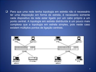  Para que uma rede tenha topologia em estrela não é necessário
  ter uma disposição em forma de estrela, é necessário somente
  cada dispositivo da rede estar ligado por um cabo próprio a um
  ponto central. A topologia em estrela distribuída é um pouco mais
  complexa que a topologia em estrela simples, pois neste caso
  existem múltiplos pontos de ligação centrais.




                                                                  9
 