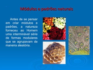 Módulos e padrões naturais Antes de se pensar em criar módulos e padrões, a natureza forneceu ao Homem uma interminável série de formas modulares que se agrupavam de maneira aleatória.   . 