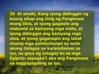 	26  At sinabi, Kung iyongdidingginngbuongsikapangtinigngPanginoonmong Dios, at iyonggagawinangmatuwidsakaniyangmgamata, at iyongdidingginangkaniyangmgautos, at iyonggaganapinanglahatniyangmgapalatuntunan ay walaakongilalagaynakaramdamansaiyo, nagayanginilagaykosamgaEgipcio: sapagka'takoangPanginoonnanagpapagalingsaiyo. 