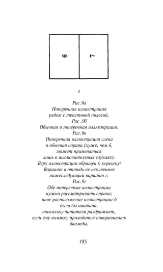 ã

                  Puc.9a
         Ïîïåðå÷íàÿ èëëþñòðàöèÿ
        ðÿäîì ñ òåêñòîâîé ïîëîñîé.
                  Ðèñ .9á
   Îáû÷íàÿ è ïîïåðå÷íàÿ èëëþñòðàöèè.
                  Ðèñ.9â
      Ïîïåðå÷íàÿ èëëþñòðàöèÿ ñëåâà
      è îáû÷íàÿ ñïðàâà (õóæå, ÷åì á,
           ìîæåò ïðèìåíÿòüñÿ
     ëèøü â èñêëþ÷èòåëüíûõ ñëó÷àÿõ).
  Âåðõ èëëþñòðàöèè îáðàùåí ê êîðåøêó!
     Âàðèàíò â îòíþäü íå èñêëþ÷àåò
        íèæåñëåäóþùèé âàðèàíò ã.
                  Ðèñ.9ã
       Îáå ïîïåðå÷íûå èëëþñòðàöèè
      íóæíî ðàññìàòðèâàòü ñïðàâà;
    èíîå ðàñïîëîæåíèå èëëþñòðàöèè 6
             áûëî áû îøèáêîé,
     ïîñêîëüêó ÷èòàòåëÿ ðàçäðàæàåò,
åñëè åìó êíèæêó ïðèõîäèòñÿ ïîâîðà÷èâàòü
                 äâàæäû.


                   195
 