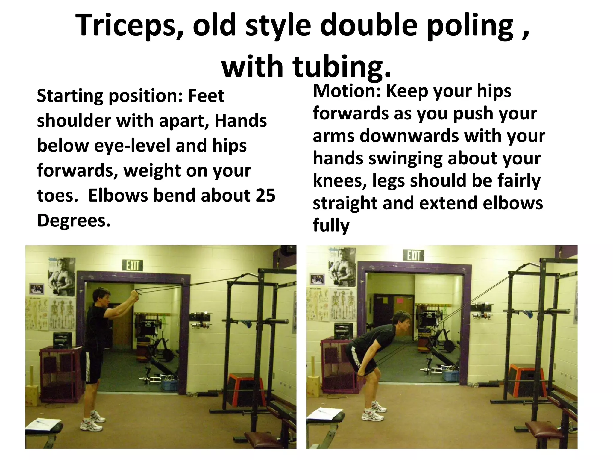 Triceps, old style double poling ,  with tubing. Starting position: Feet shoulder with apart, Hands below eye-level and hips forwards, weight on your toes.  Elbows bend about 25 Degrees. Motion: Keep your hips forwards as you push your arms downwards with your hands swinging about your knees, legs should be fairly straight and extend elbows fully 