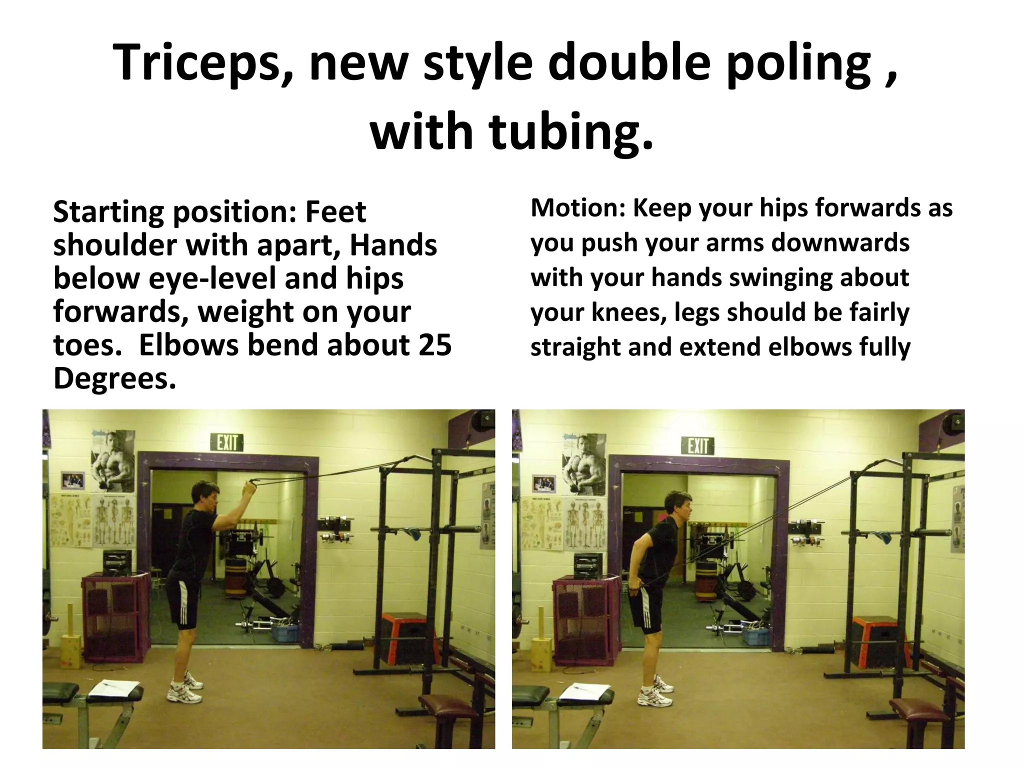 Triceps, new style double poling ,  with tubing. Starting position: Feet shoulder with apart, Hands below eye-level and hips forwards, weight on your toes.  Elbows bend about 25 Degrees. Motion: Keep your hips forwards as you push your arms downwards with your hands swinging about your knees, legs should be fairly straight and extend elbows fully 
