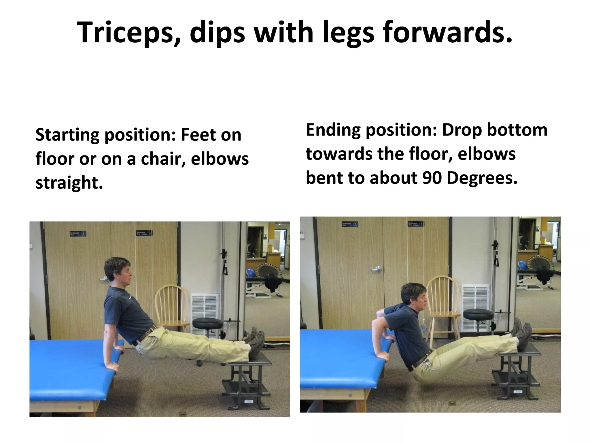 Triceps, dips with legs forwards. Starting position: Feet on floor or on a chair, elbows straight. Ending position: Drop bottom towards the floor, elbows bent to about 90 Degrees. 