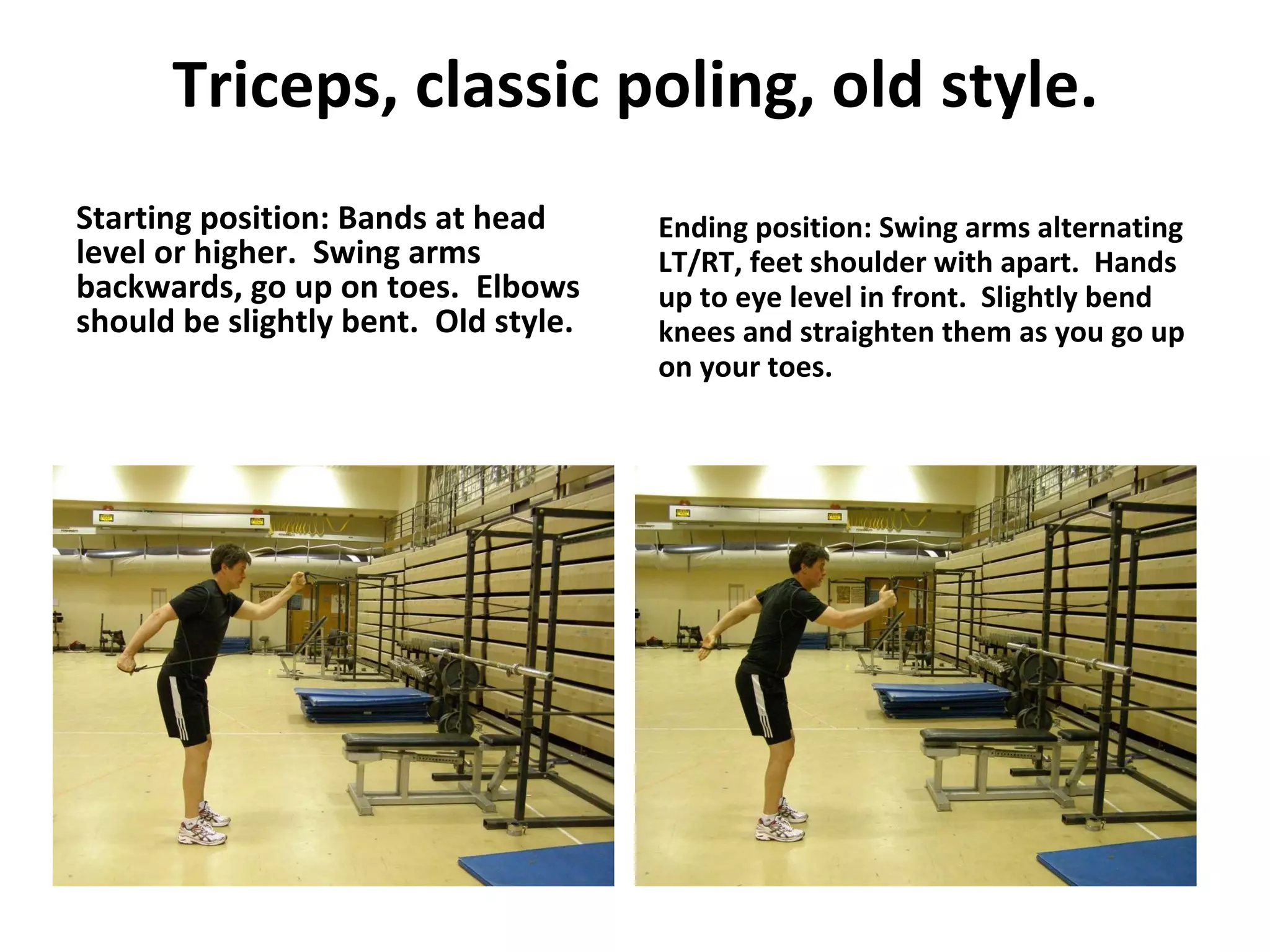 Triceps, classic poling, old style. Starting position: Bands at head level or higher.  Swing arms backwards, go up on toes.  Elbows should be slightly bent.  Old style. Ending position: Swing arms alternating LT/RT, feet shoulder with apart.  Hands up to eye level in front.  Slightly bend knees and straighten them as you go up on your toes. 