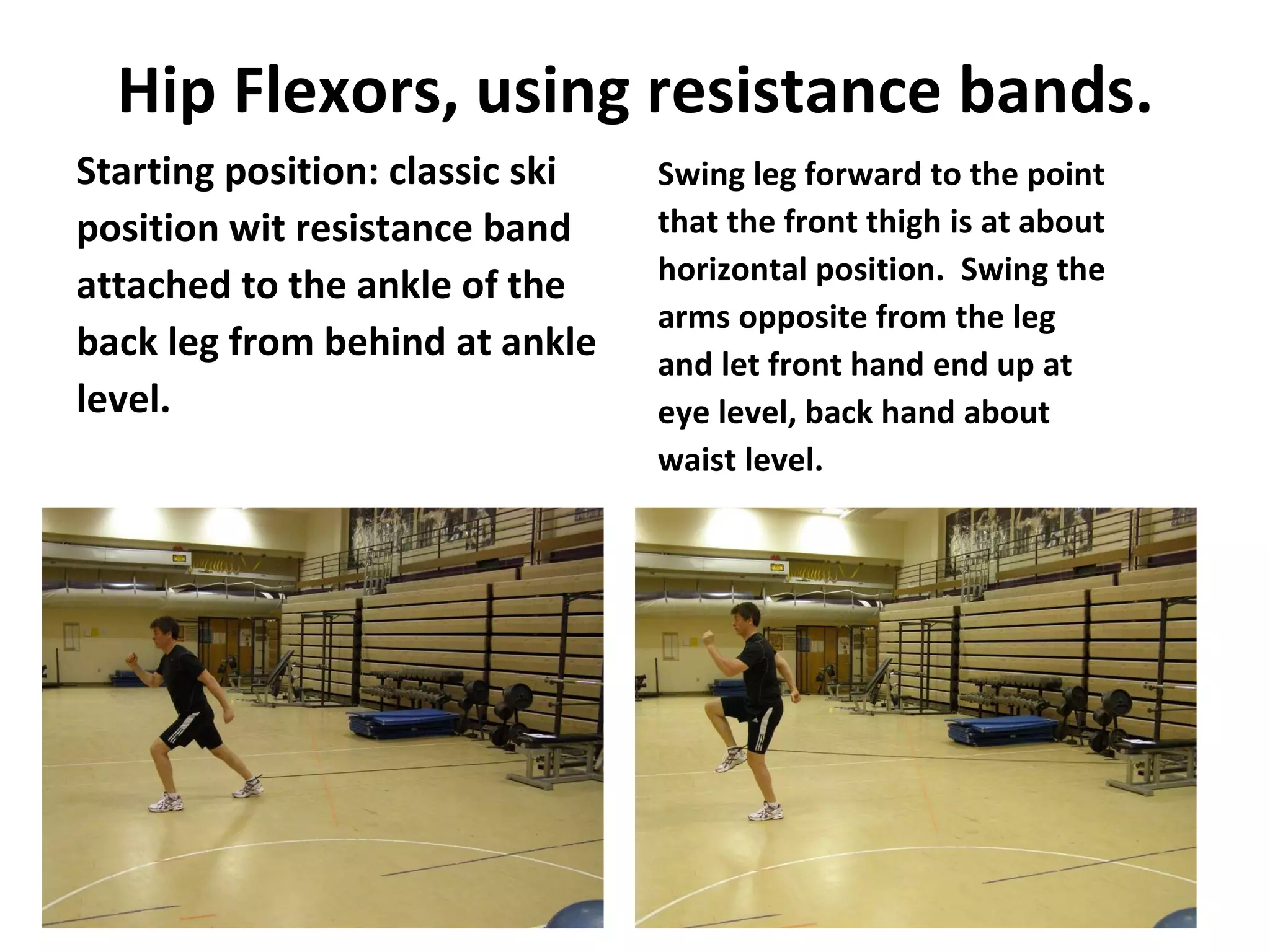 Hip Flexors, using resistance bands. Starting position: classic ski position wit resistance band attached to the ankle of the back leg from behind at ankle level. Swing leg forward to the point that the front thigh is at about horizontal position.  Swing the arms opposite from the leg and let front hand end up at eye level, back hand about waist level. 