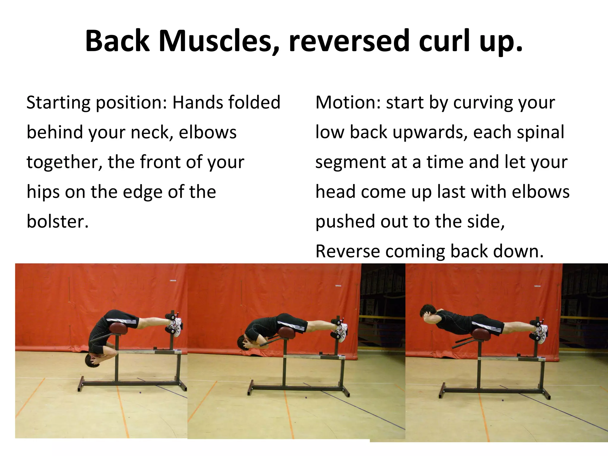 Back Muscles, reversed curl up. Starting position: Hands folded behind your neck, elbows together, the front of your hips on the edge of the bolster. Motion: start by curving your low back upwards, each spinal segment at a time and let your head come up last with elbows pushed out to the side, Reverse coming back down. 