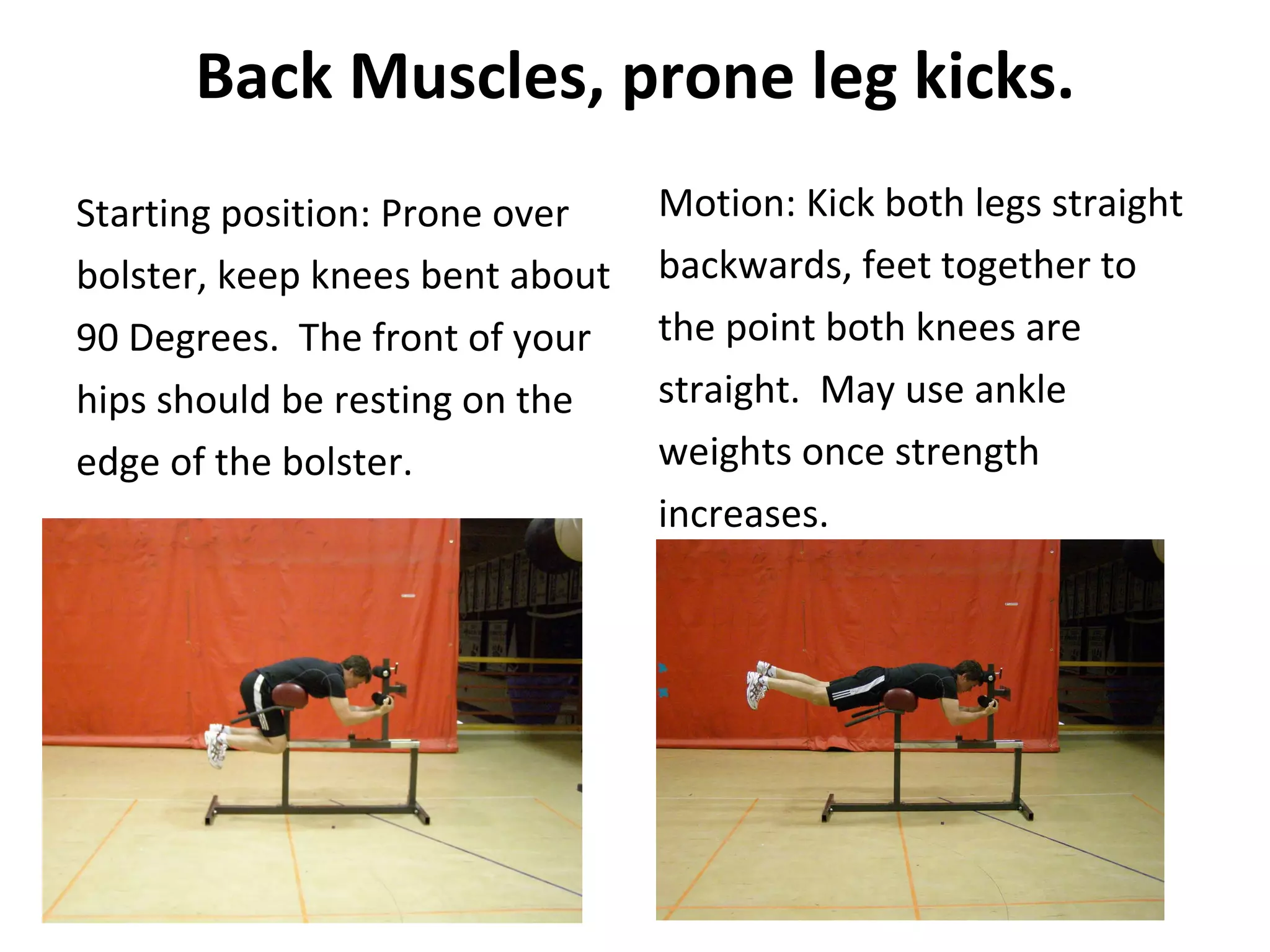 Back Muscles, prone leg kicks. Starting position: Prone over bolster, keep knees bent about 90 Degrees.  The front of your hips should be resting on the edge of the bolster. Motion: Kick both legs straight backwards, feet together to the point both knees are straight.  May use ankle weights once strength  increases. 