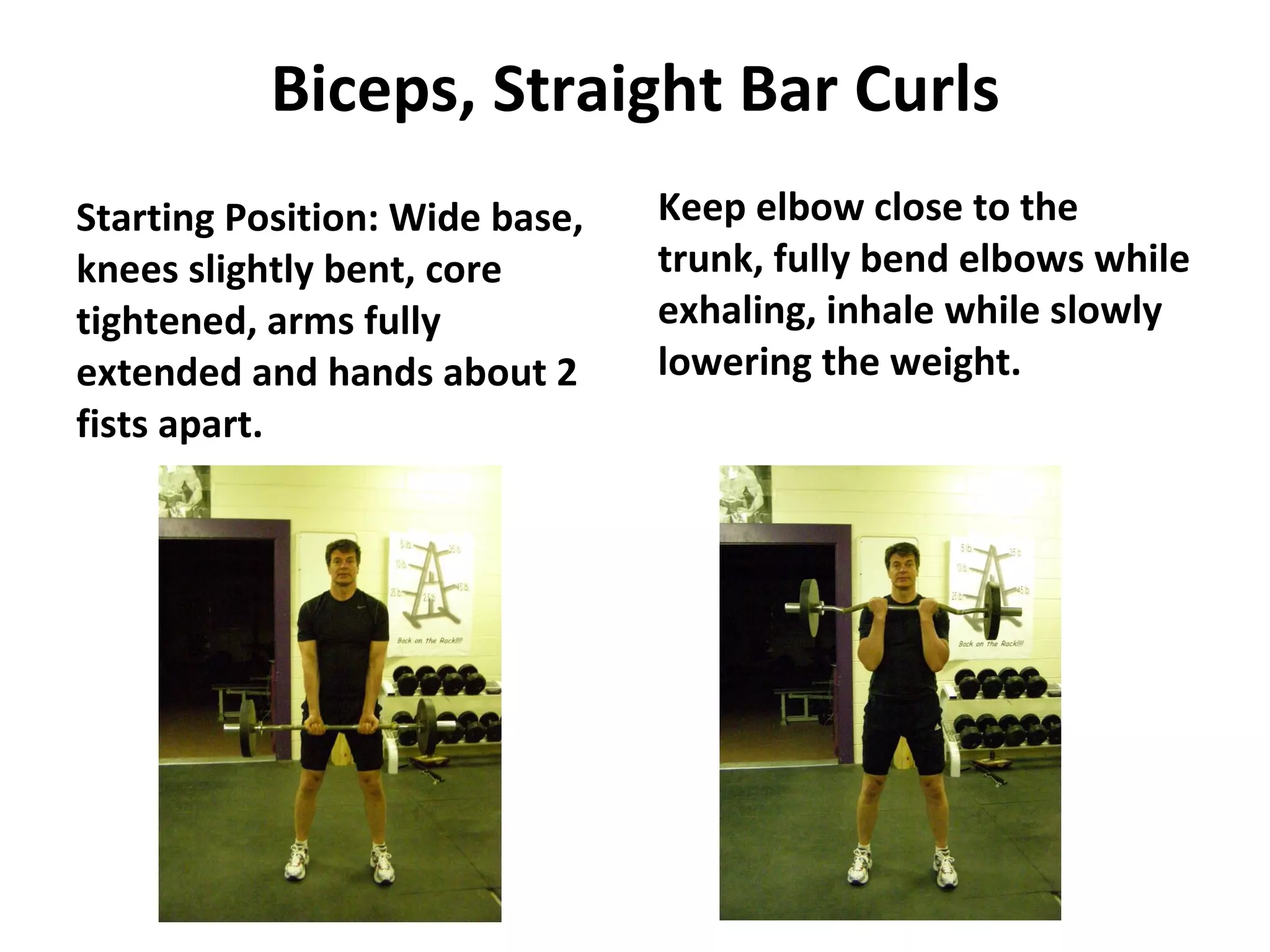 Biceps, Straight Bar Curls Starting Position: Wide base, knees slightly bent, core tightened, arms fully extended and hands about 2 fists apart. Keep elbow close to the trunk, fully bend elbows while exhaling, inhale while slowly lowering the weight.  
