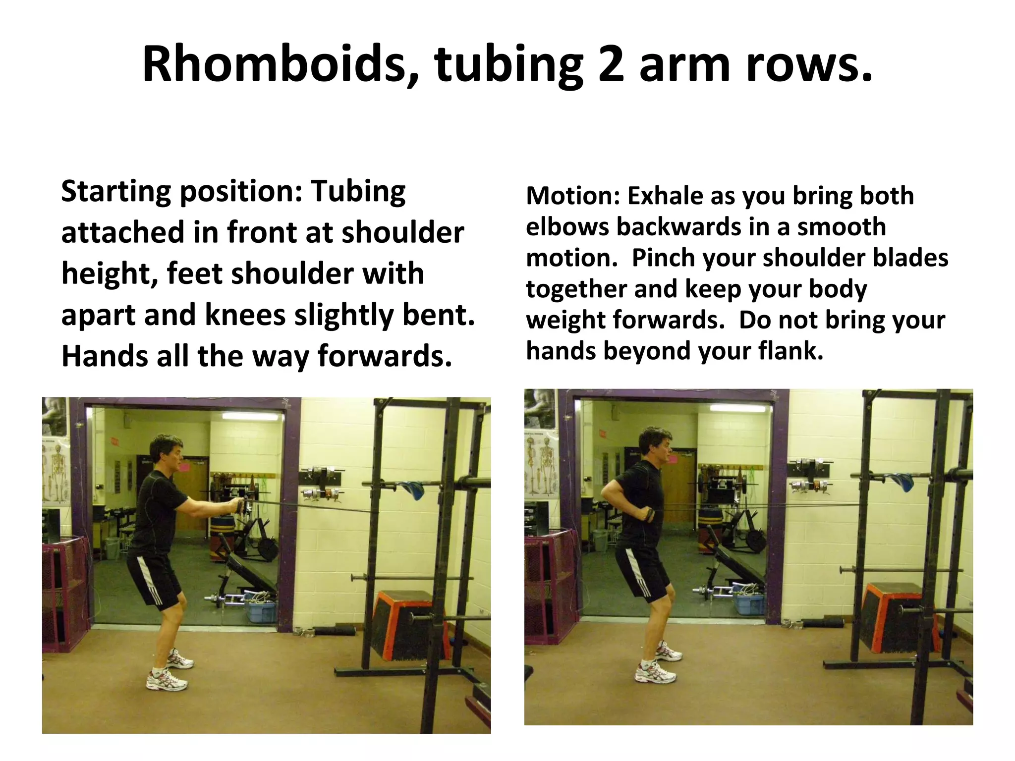 Rhomboids, tubing 2 arm rows. Starting position: Tubing attached in front at shoulder height, feet shoulder with apart and knees slightly bent.  Hands all the way forwards. Motion: Exhale as you bring both elbows backwards in a smooth motion.  Pinch your shoulder blades together and keep your body weight forwards.  Do not bring your hands beyond your flank. 