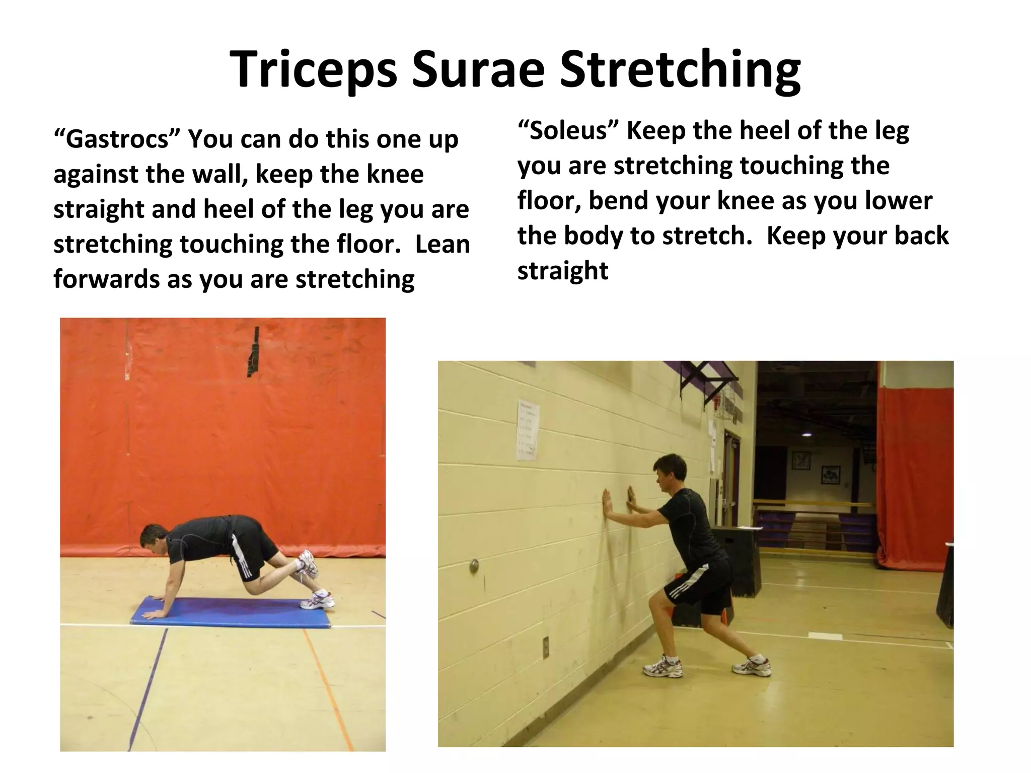 Triceps Surae Stretching “ Gastrocs” You can do this one up against the wall, keep the knee straight and heel of the leg you are stretching touching the floor.  Lean forwards as you are stretching “ Soleus” Keep the heel of the leg you are stretching touching the floor, bend your knee as you lower the body to stretch.  Keep your back straight 