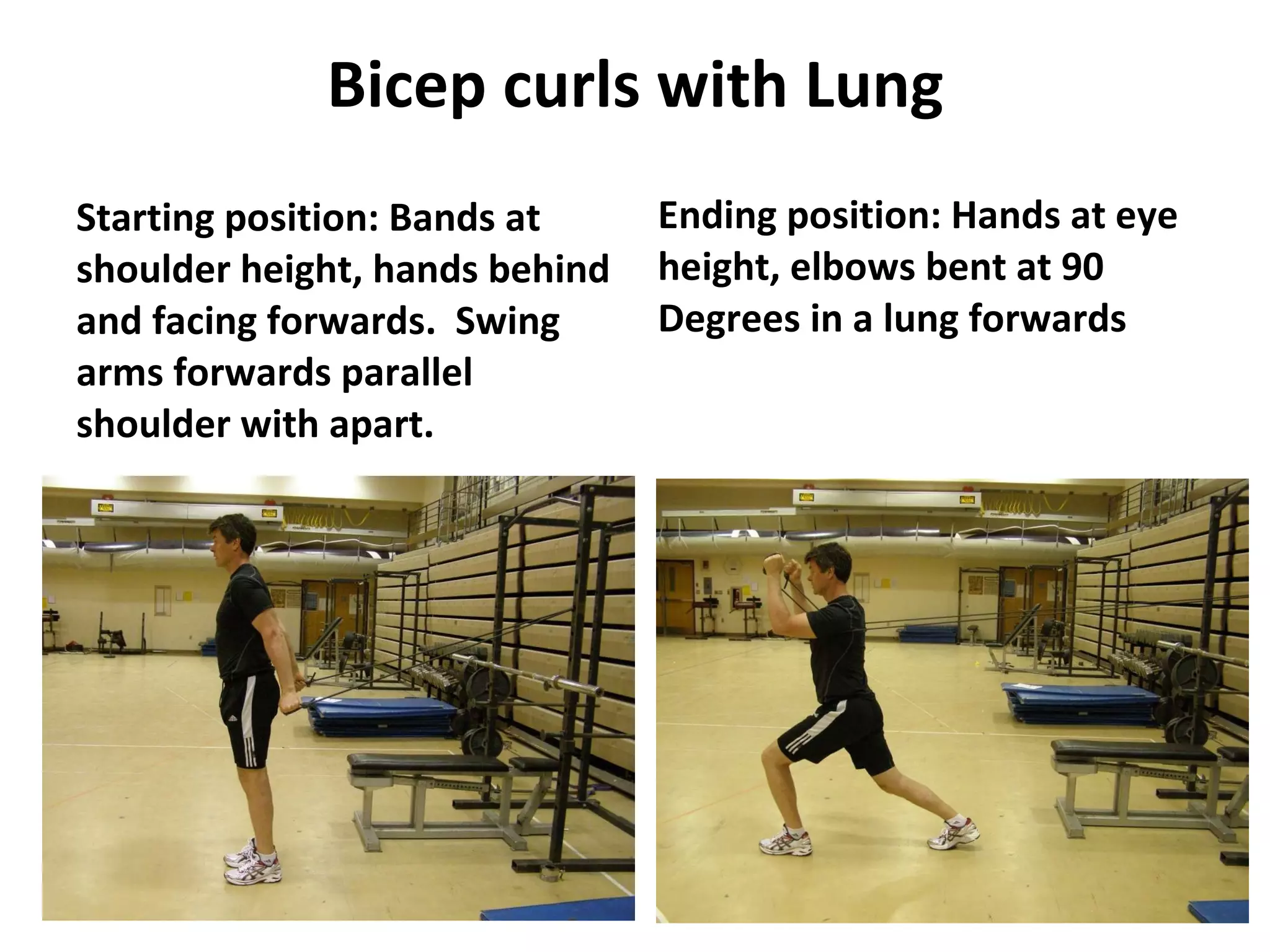 Bicep curls with Lung Starting position: Bands at shoulder height, hands behind and facing forwards.  Swing arms forwards parallel shoulder with apart. Ending position: Hands at eye height, elbows bent at 90 Degrees in a lung forwards 