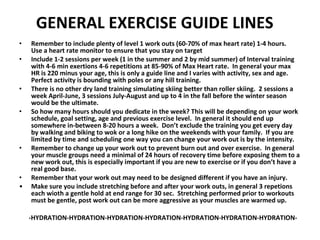 GENERAL EXERCISE GUIDE LINES Remember to include plenty of level 1 work outs (60-70% of max heart rate) 1-4 hours.  Use a heart rate monitor to ensure that you stay on target  Include 1-2 sessions per week (1 in the summer and 2 by mid summer) of Interval training with 4-6 min exertions 4-6 repetitions at 85-90% of Max Heart rate.  In general your max HR is 220 minus your age, this is only a guide line and I varies with activity, sex and age.  Perfect activity is bounding with poles or any hill training. There is no other dry land training simulating skiing better than roller skiing.  2 sessions a week April-June, 3 sessions July-August and up to 4 in the fall before the winter season would be the ultimate.  So how many hours should you dedicate in the week? This will be depending on your work schedule, goal setting, age and previous exercise level.  In general it should end up somewhere in-between 8-20 hours a week.  Don’t exclude the training you get every day by walking and biking to wok or a long hike on the weekends with your family.  If you are limited by time and scheduling one way you can change your work out is by the intensity. Remember to change up your work out to prevent burn out and over exercise.  In general your muscle groups need a minimal of 24 hours of recovery time before exposing them to a new work out, this is especially important if you are new to exercise or if you don’t have a real good base. Remember that your work out may need to be designed different if you have an injury.  Make sure you include stretching before and after your work outs, in general 3 repetions each wioth a gentle hold at end range for 30 sec.  Stretching performed prior to workouts must be gentle, post work out can be more aggressive as your muscles are warmed up. -HYDRATION-HYDRATION-HYDRATION-HYDRATION-HYDRATION-HYDRATION-HYDRATION- 