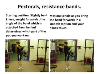 Pectorals, resistance bands. Starting position: Slightly bent knees, weight forwards , the angle of the band which is attached from behind determines which part of the pec you work on. Motion: Exhale as you bring the hand forwards in a smooth motion and your hands touch.  