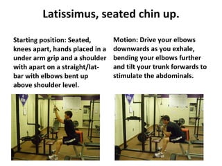Latissimus, seated chin up. Starting position: Seated, knees apart, hands placed in a under arm grip and a shoulder with apart on a straight/lat- bar with elbows bent up above shoulder level. Motion: Drive your elbows downwards as you exhale, bending your elbows further and tilt your trunk forwards to stimulate the abdominals.  