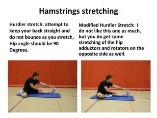 Hamstrings stretching Hurdler stretch: attempt to keep your back straight and do not bounce as you stretch, Hip angle should be 90 Degrees. Modified Hurdler Stretch:  I do not like this one as much, but you do get some stretching of the hip adductors and rotators on the opposite side as well. 