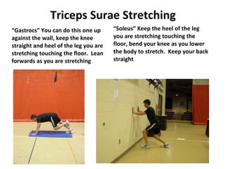 Triceps Surae Stretching “ Gastrocs” You can do this one up against the wall, keep the knee straight and heel of the leg you are stretching touching the floor.  Lean forwards as you are stretching “ Soleus” Keep the heel of the leg you are stretching touching the floor, bend your knee as you lower the body to stretch.  Keep your back straight 